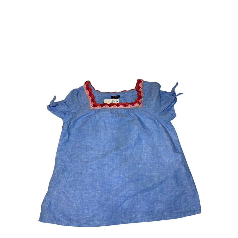 Talbots Size M Blue Chambray SSleeve Square Neck Embroidered Top Blouse Lin/Cot - Picture 1 of 3